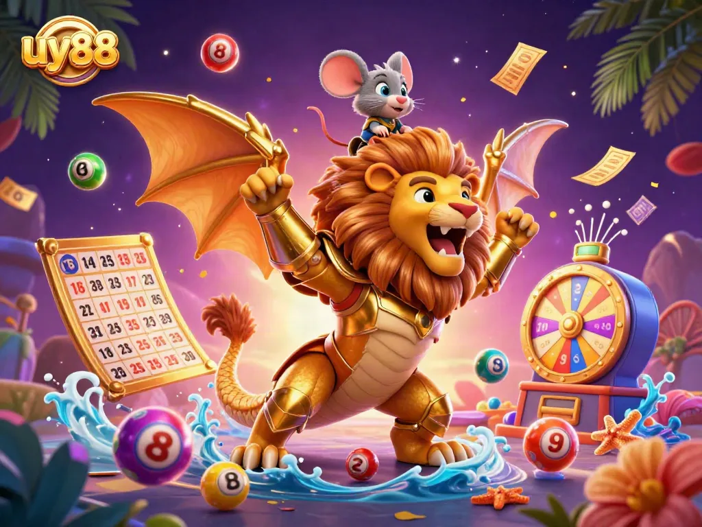 Play exciting games at uy88 with vibrant lottery balls and a magical casino atmosphere.