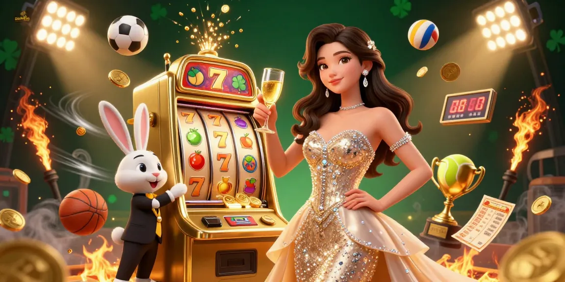 Experience the thrill of sunwin with a glamorous jackpot scene, featuring a celebratory woman and a cartoon bunny croupier.
