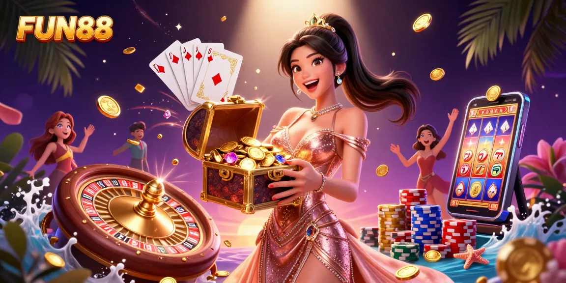 Experience excitement with FUN88 as a gorgeous woman presents treasure in a dazzling casino scene.