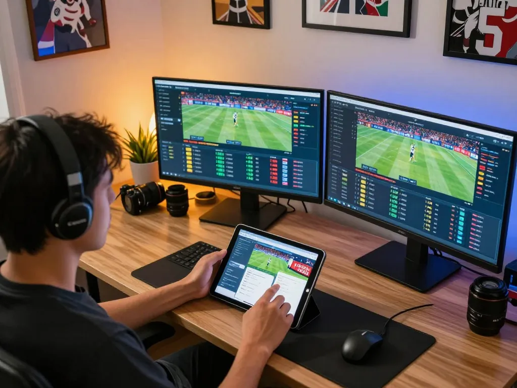 Engaging in live sports betting on multiple screens, showcasing odds and strategy with ga6789 app