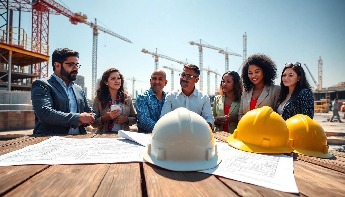Engaging group in construction advocacy collaborating over blueprints on site.