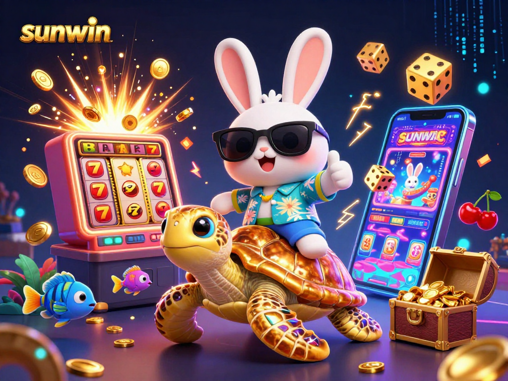 Sunwin jackpot explosion featuring lucky rabbit and sea turtle in vibrant casino scene