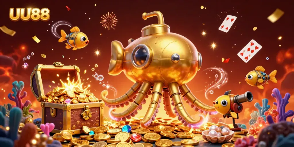 Experience thrilling wins at UU88 with this vibrant underwater casino scene featuring gold coins and games.