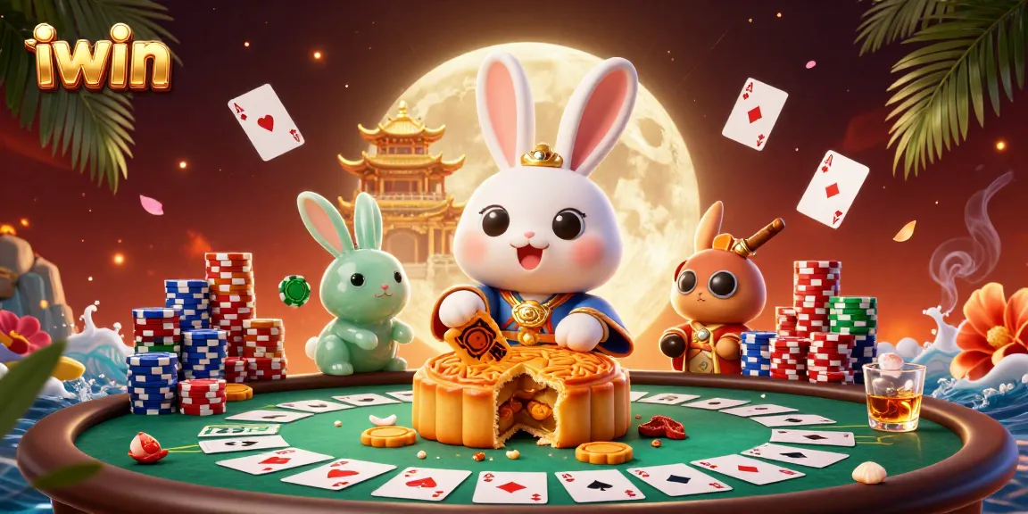 iwin showcases a lively casino scene with a moon rabbit revealing poker chips from mooncakes.