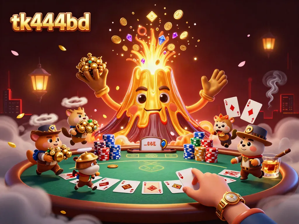 Witness the tk444bd casino masterpiece with a golden volcano, treasure, poker elements, and vibrant colors.