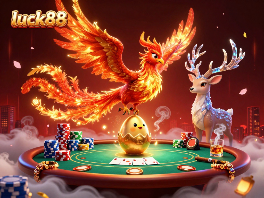 Experience thrilling moments at luck88 with a powerful fire phoenix and vibrant casino elements.