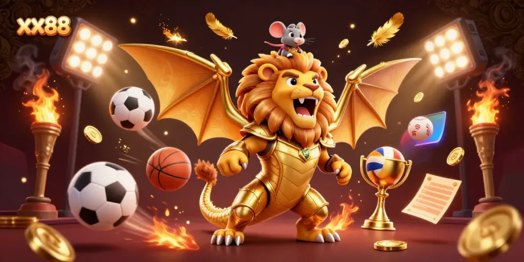 Experience thrilling gameplay at xx88 with a triumphant 3D chimera character surrounded by sports elements.