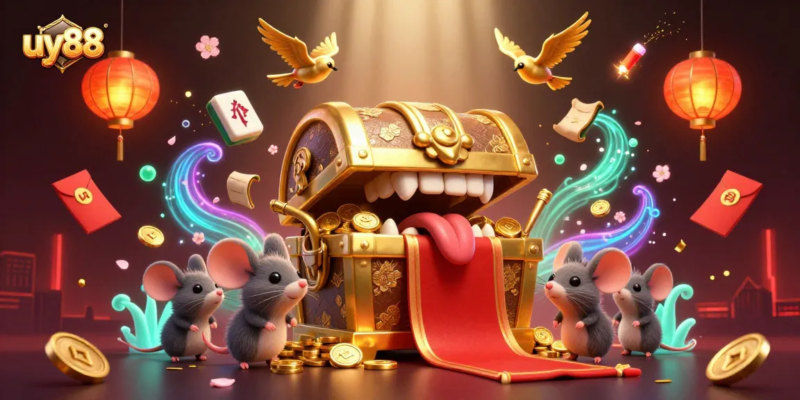 Engage with uy88's thrilling casino scene, featuring a vibrant 3D treasure chest and lively gaming elements.