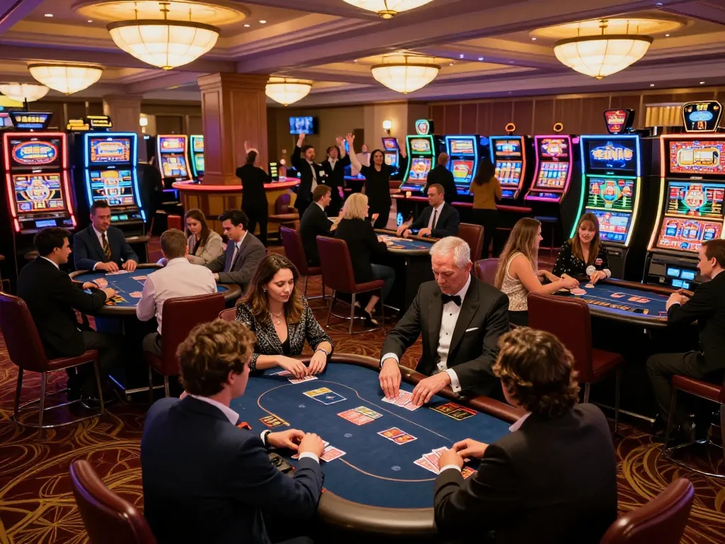 sanclub casino floor view with players enjoying various games and vibrant slot machines