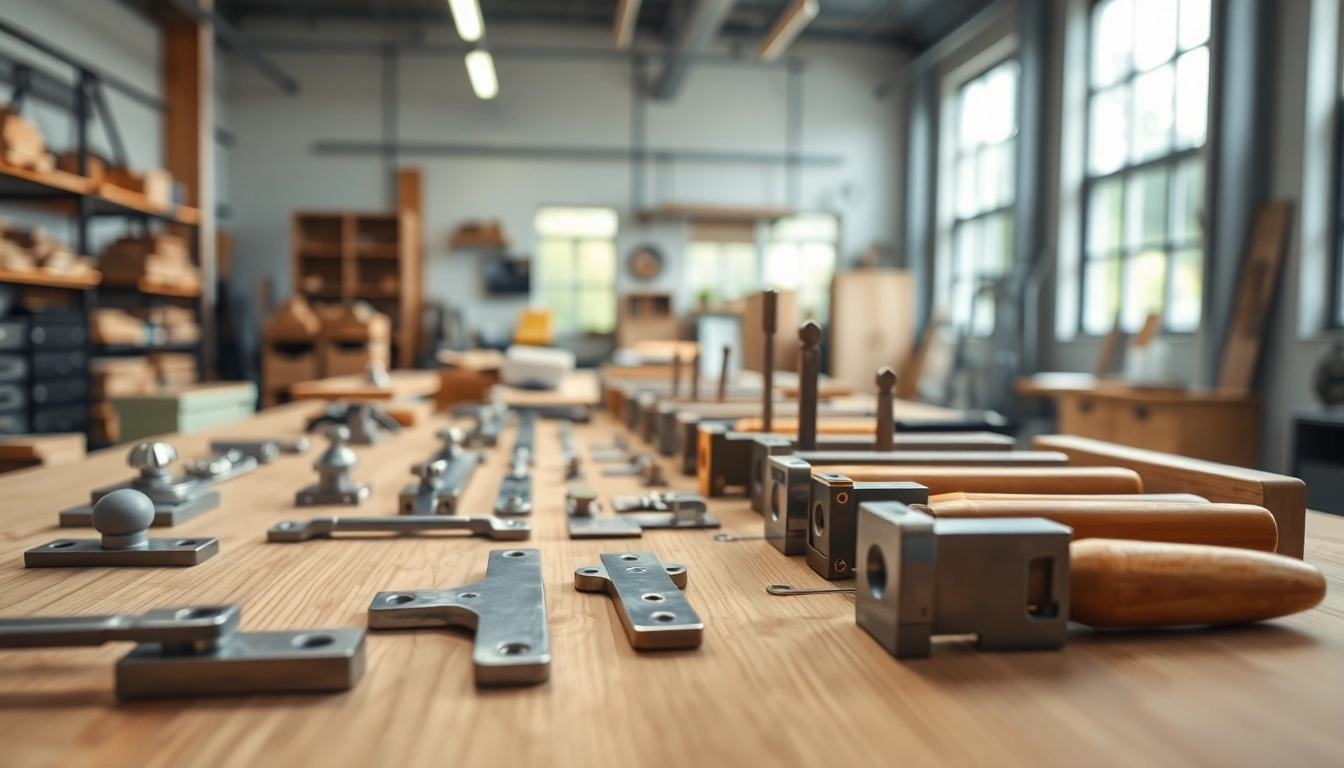 Showcase of furniture hardware manufacturers' products organized on a workbench.