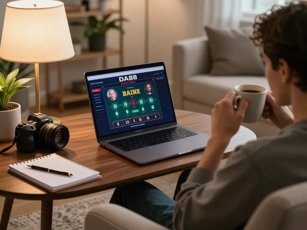 Engaging with DA88 live dealer games on a stylish laptop, emphasizing strategic online betting.