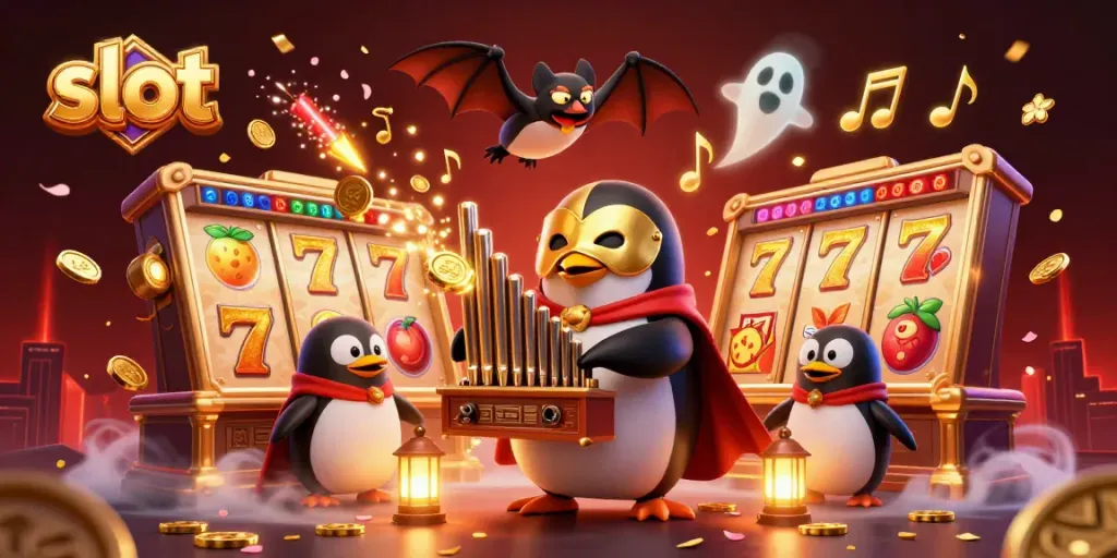 Permainan slot yang menarik dengan penguin phantom dan adegan menarik lainnya menampilkan lampion dan koin emas.