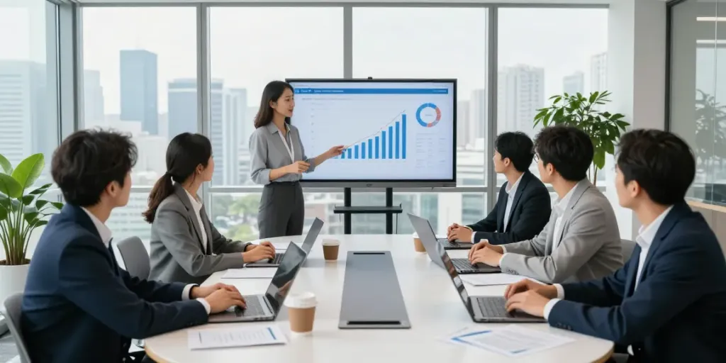Team collaborating in a conference room, showcasing a super fast reply in action during a business meeting.