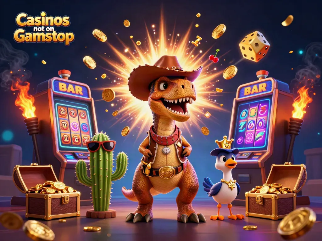 Experience thrilling gameplay at Casinos not on Gamstop with cartoon characters enjoying jackpots and casino excitement.