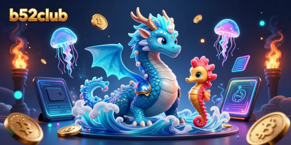 Engage in thrilling gameplay with b52club's vibrant 3D casino dragon, seahorse knight, and glowing elements.