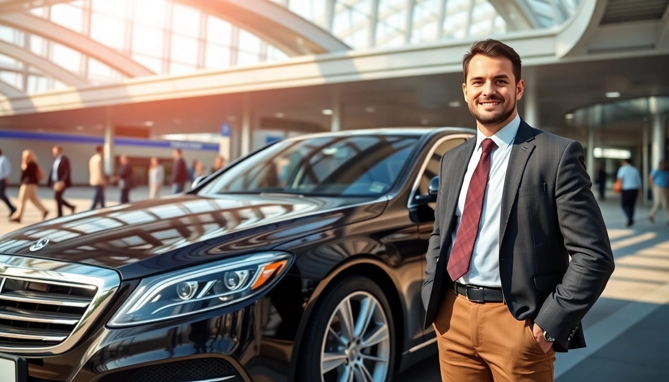 Provide reliable Airport Transfers with a friendly driver and a sleek black car at the airport.
