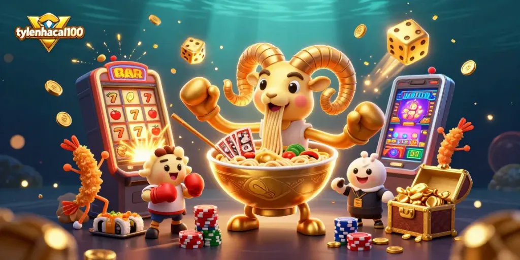 Experience vibrant action with tylenhacai100 featuring a dynamic 3D illustration of unique casino elements.