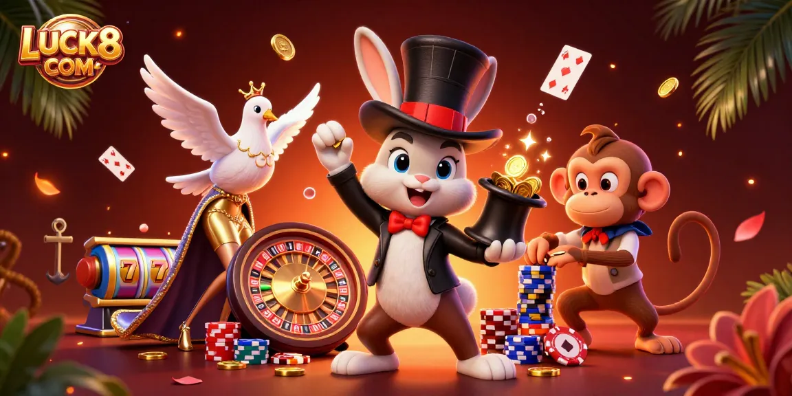 Experience thrilling moments with LUCK8 COM as a magician rabbit brings luck with poker chips and coins!