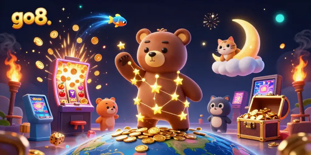 Engage in casino excitement with go8.'s vibrant 3D digital illustration showcasing a cosmic adventure.