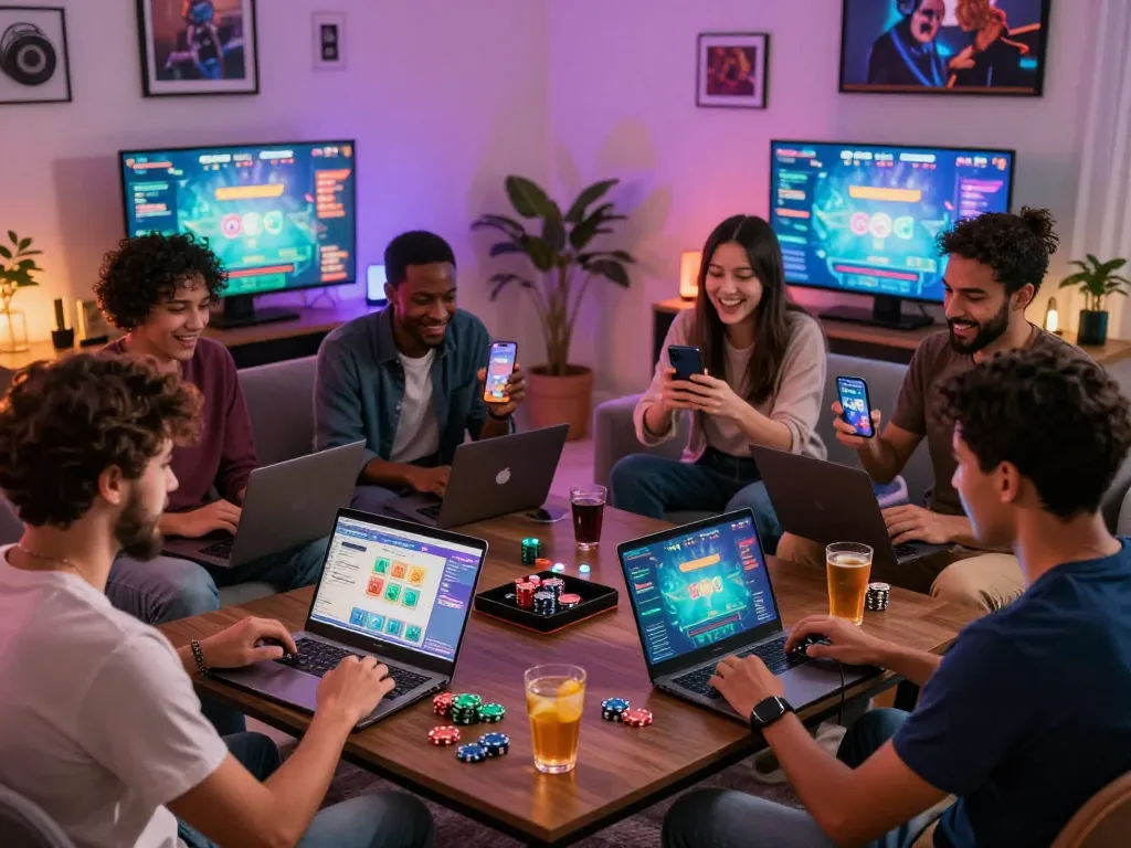 Friends enjoying a lively game of tài xỉu online in a cozy living room with vibrant lighting and gaming devices.