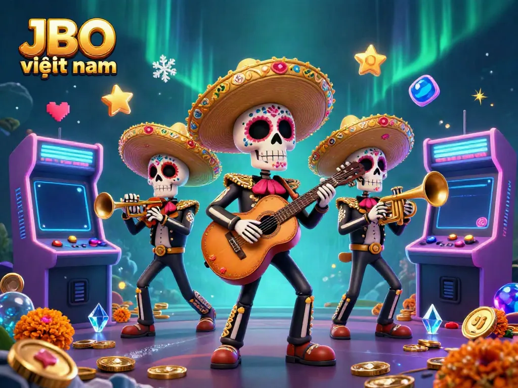 Experience the excitement of JBO việt nam with a vibrant mariachi band amidst colorful gaming elements in a captivating casino scene.
