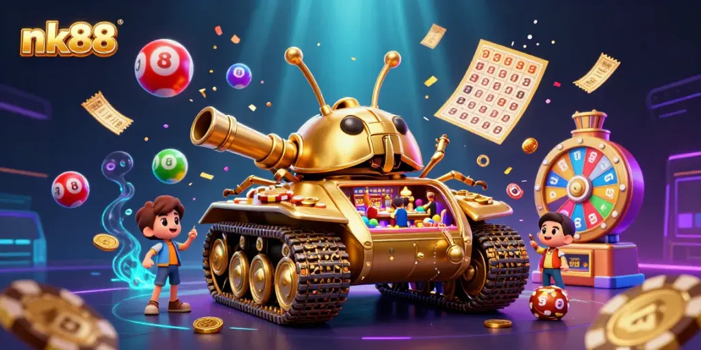 Get ready to win big with nk88's animated golden beetle tank casino scene bursting with colorful lottery excitement!