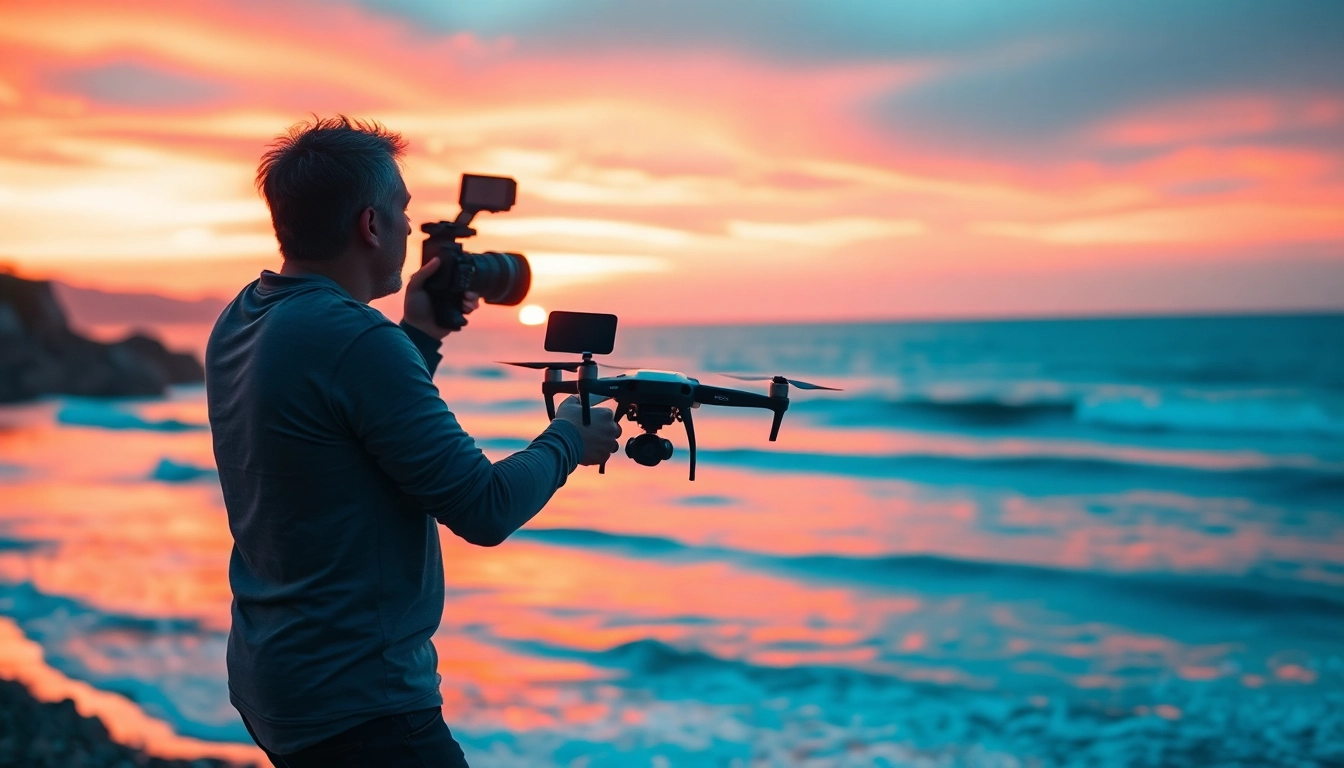 Capturing breathtaking sunset with a drone during video production session.