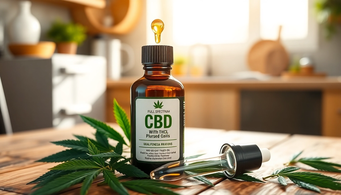 Showcase full spectrum cbd oil with thc bottle amidst fresh hemp leaves on a wooden table.