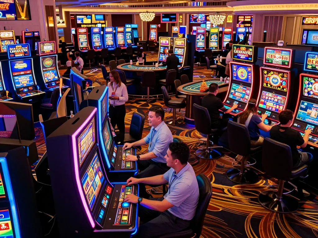 Nohu players engaging in vibrant slot games in a bustling Las Vegas casino atmosphere
