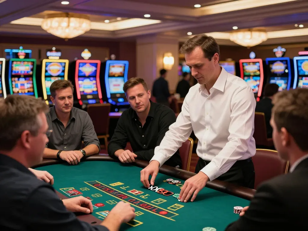 Players enjoying a thrilling game of blackjack at VK88 casino, highlighting the excitement and professionalism of the gambling experience.