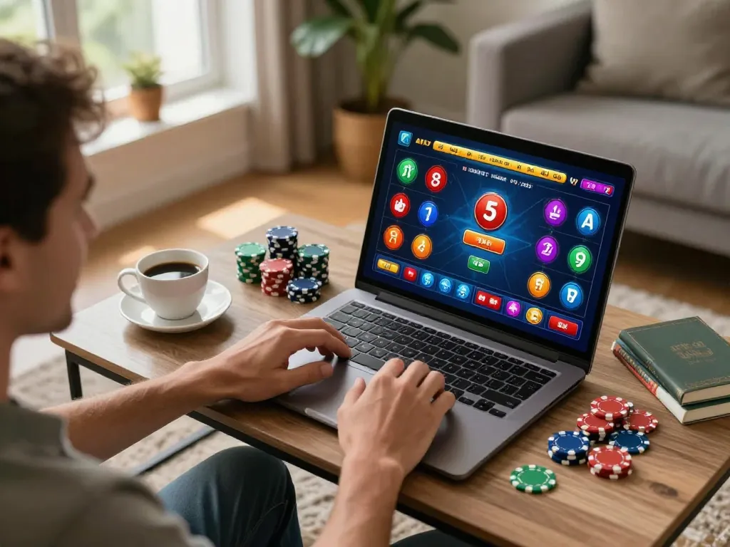 Player enjoying hitclub gaming on laptop, colorful graphics and poker chips visible in cozy setup.