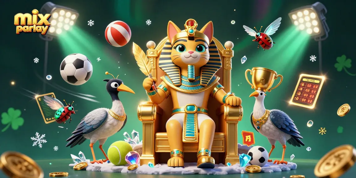 Engage in mix parlay betting, featuring a pharaoh cat with sports elements and golden trophy.