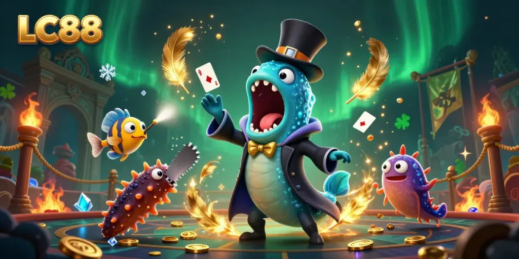 LC88 showcases a vibrant scene with magical sea creatures performing stunning tricks in an immersive casino setting.