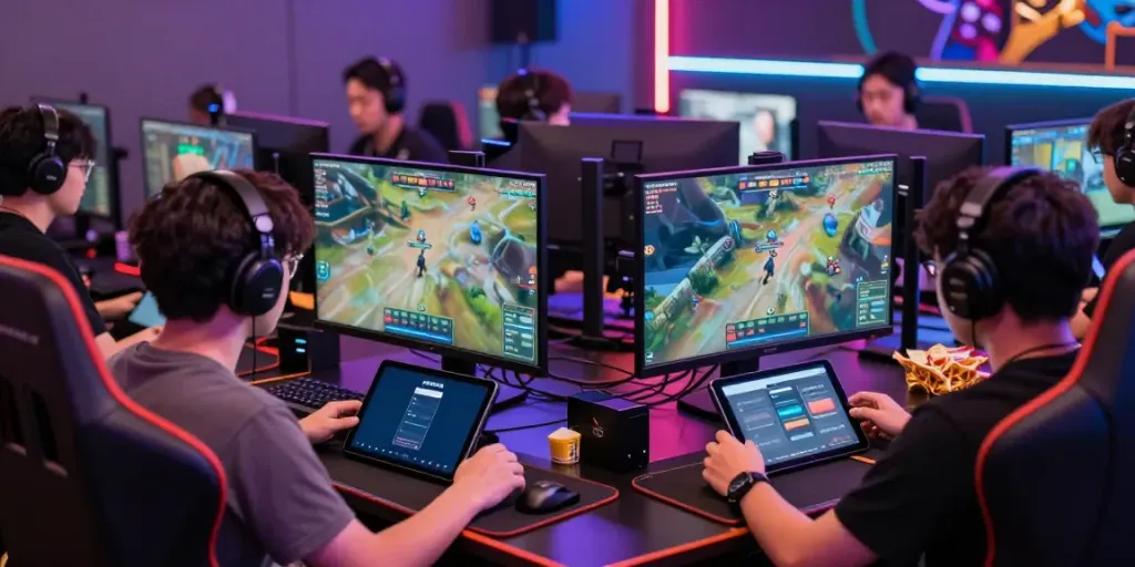Community of players using ORION88 mobile app during gaming competition in vibrant lounge.
