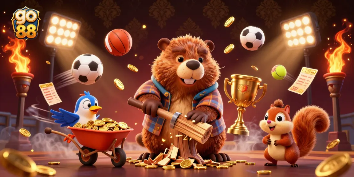 Experience go 88 excitement as a beaver chops a tree raining gold coins in a vibrant casino scene.