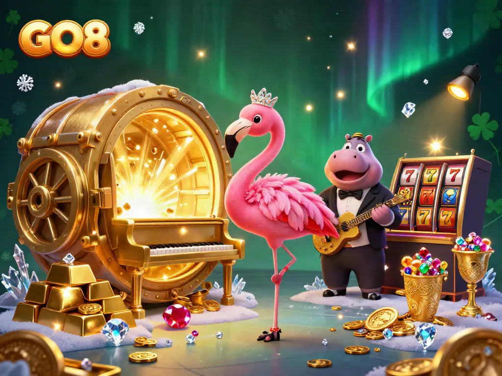 Join the GO8 casino celebration with a flamingo singer and hippo bassist surrounded by dazzling treasures and exciting slot elements.