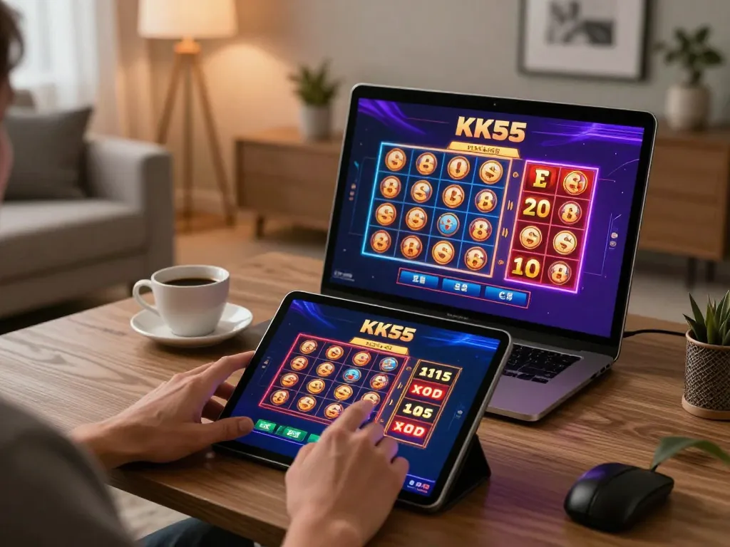 Engaging with the KK55 casino app in a cozy home setting, showcasing dynamic gaming.