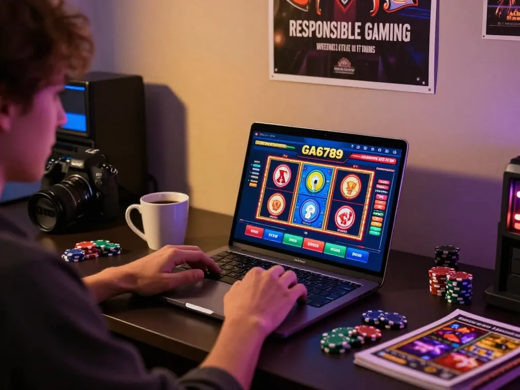 Player engaging with GA6789 casino app on a laptop, showcasing online gaming excitement and responsible gambling.