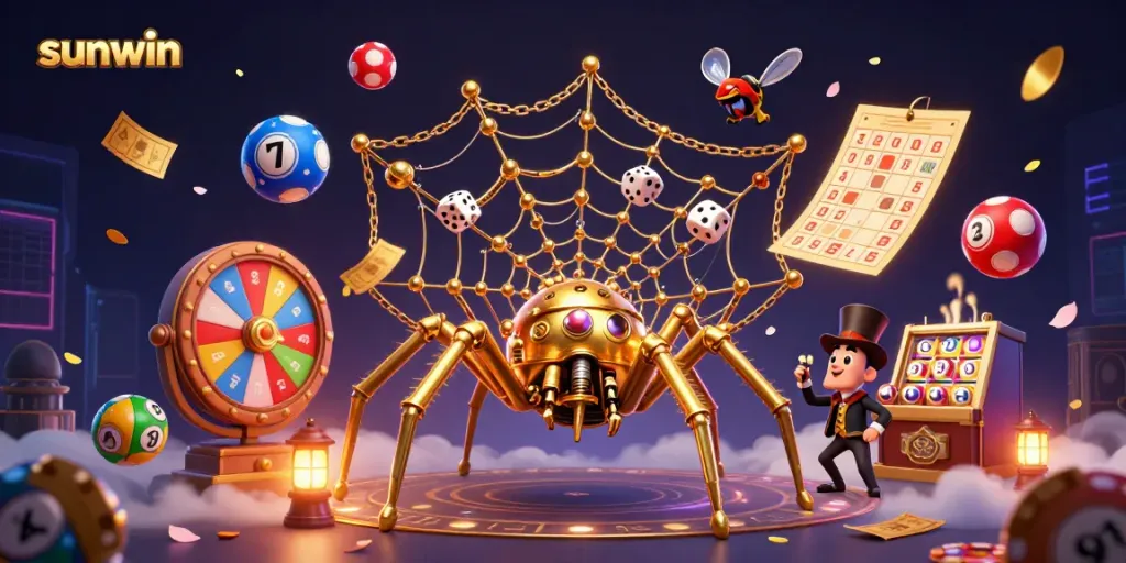 Experience the excitement of sunwin with a vibrant 3D illustration featuring a golden steampunk spider in a dynamic web of gaming elements and chance.