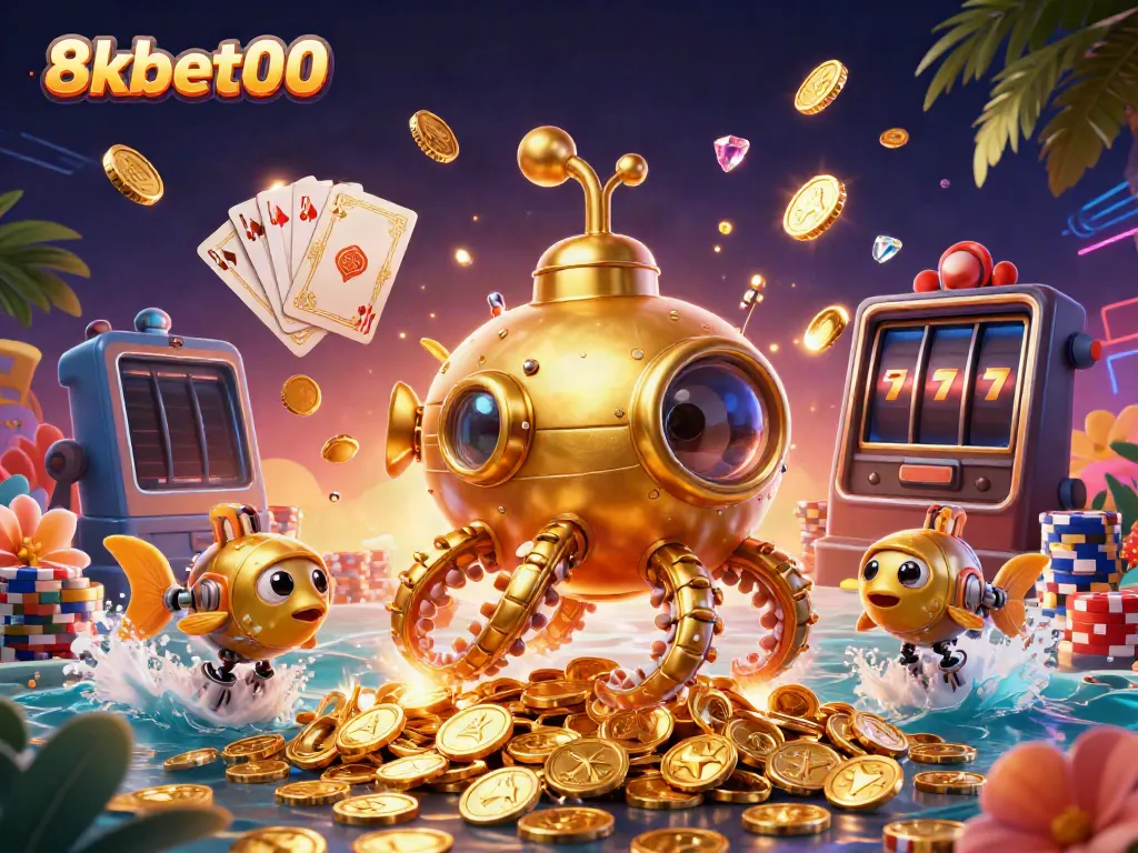 Engage in thrilling gameplay with the 8xbet00 golden kraken submarine amid cascading treasures.