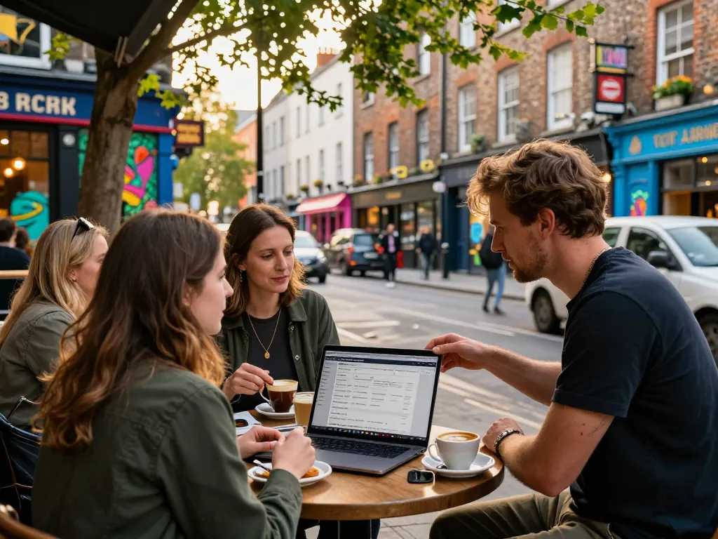 Engaging scene of airbnb management dublin with local host showcasing listings in Temple Bar.