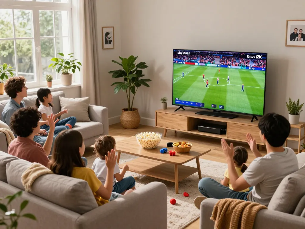 Family enjoying Sky glass IPTV in a cozy living room, engaged in 4K streaming.