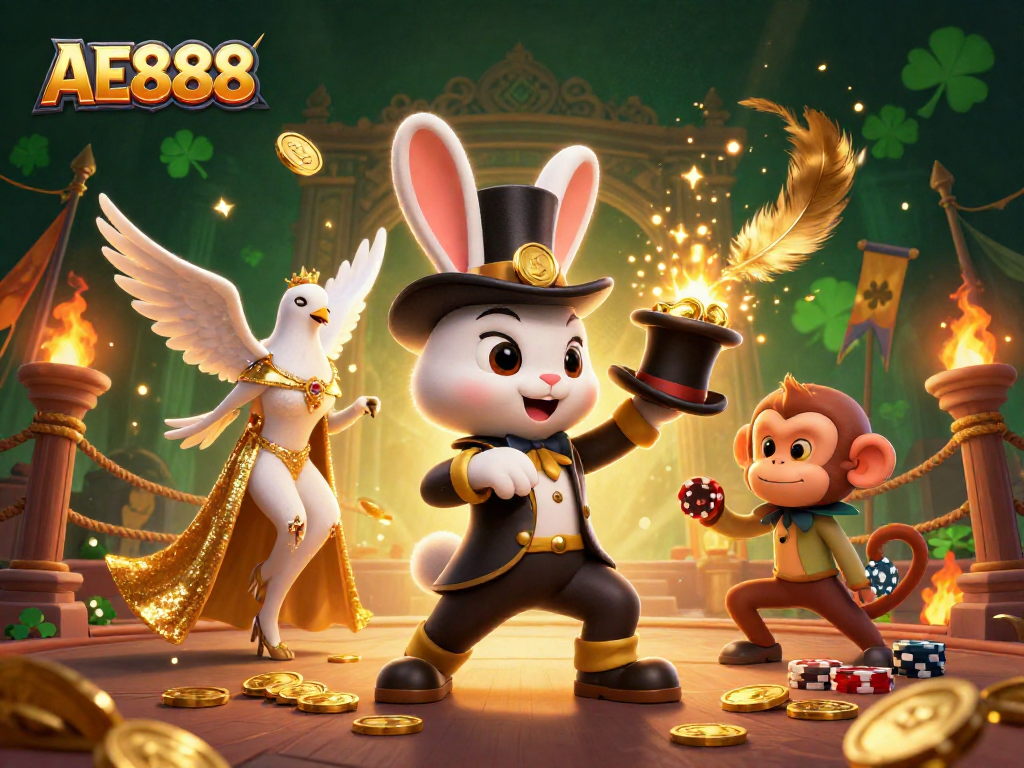 Join the fun at AE888 with a magician rabbit, assistant dove, and monkey in a vibrant casino scene.
