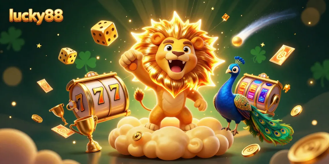Experience thrilling action at lucky88 with vibrant slot reels and a stunning golden lion illustration.