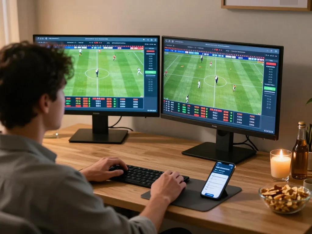 Tỷ lệ kèo nhà cái displayed on screens during a home sports betting session.