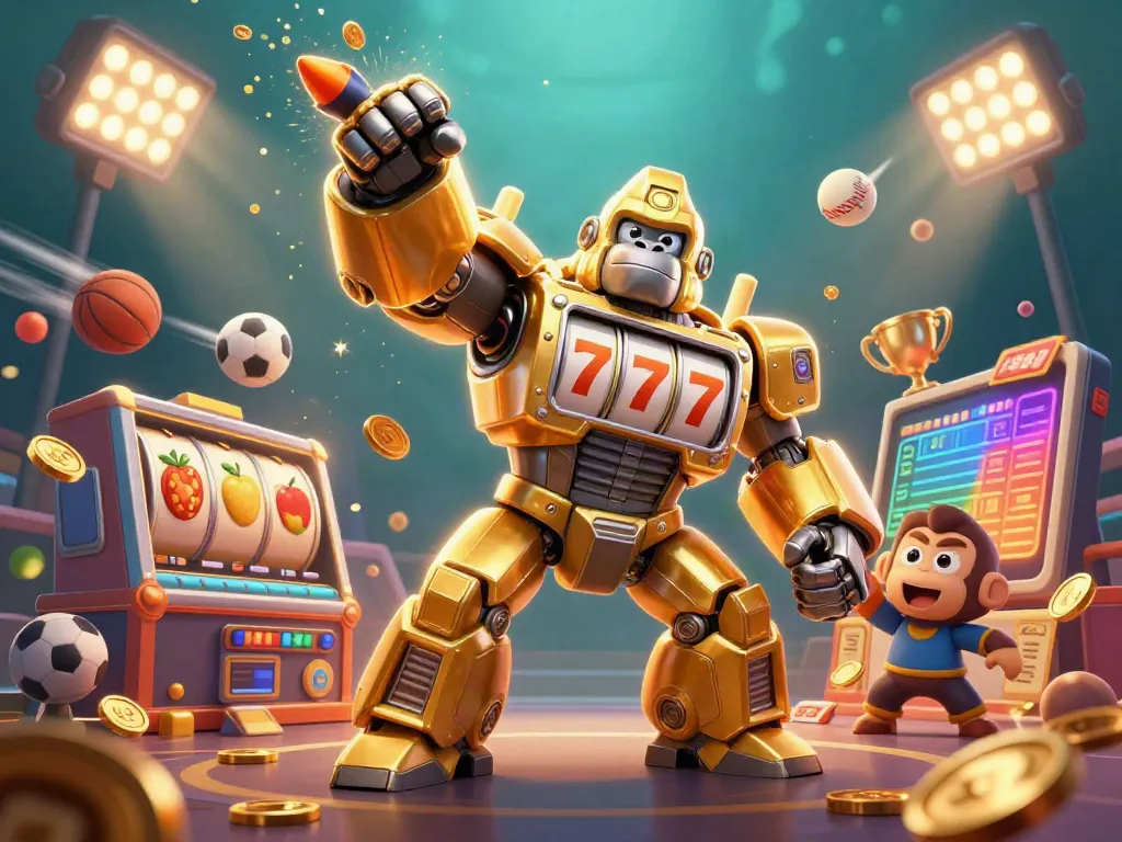 Experience the thrill of YD88 as a golden gorilla mech celebrates big wins in a vibrant casino scene.