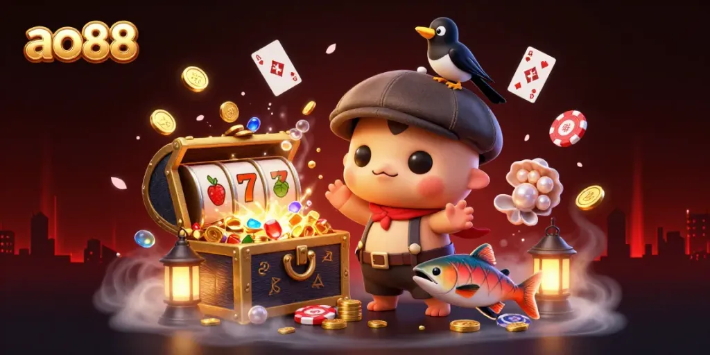 Engage with the ao88 gaming experience featuring cartoon baby Nessie and vibrant casino elements.