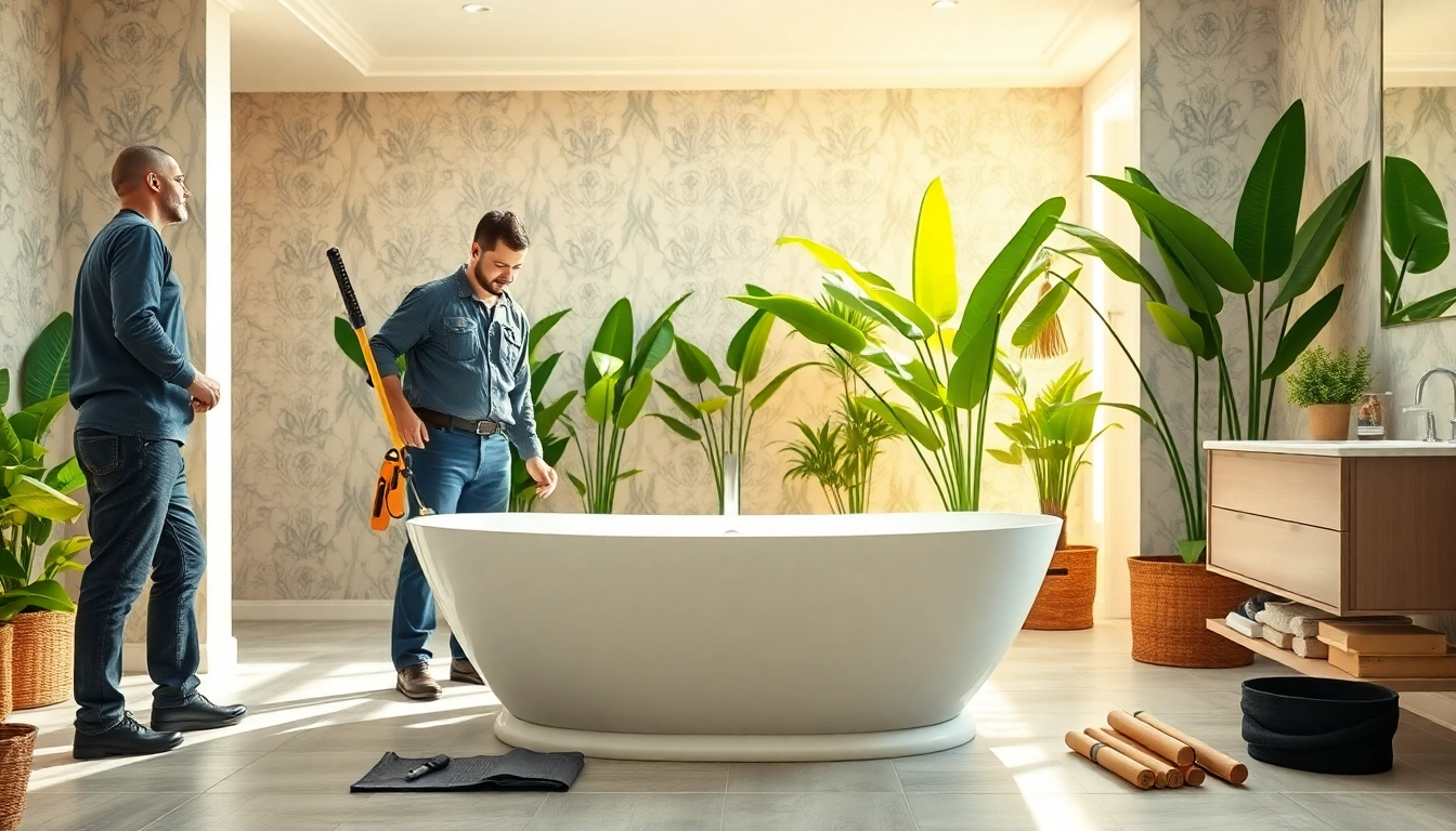 Bathroom builders near me expertly installing a modern bathtub in a stylish home.