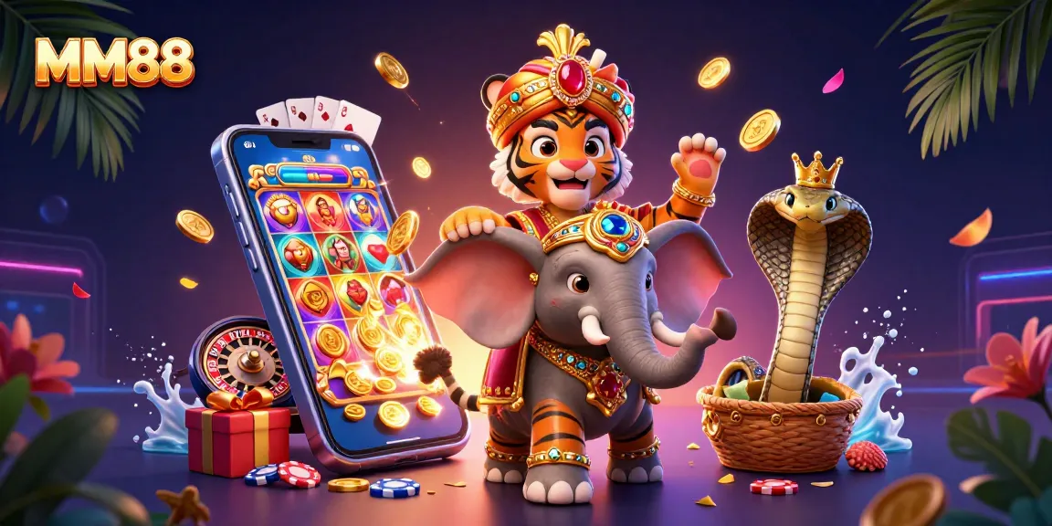 Experience MM88 with a vibrant, ultradetailed 3D illustration showcasing thrilling casino action.