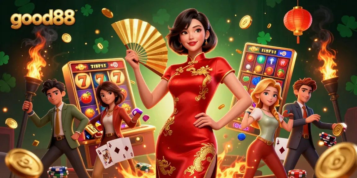Experience the thrill of good88 with a captivating scene of a confident woman amidst vibrant casino elements, showcasing immersive gameplay.